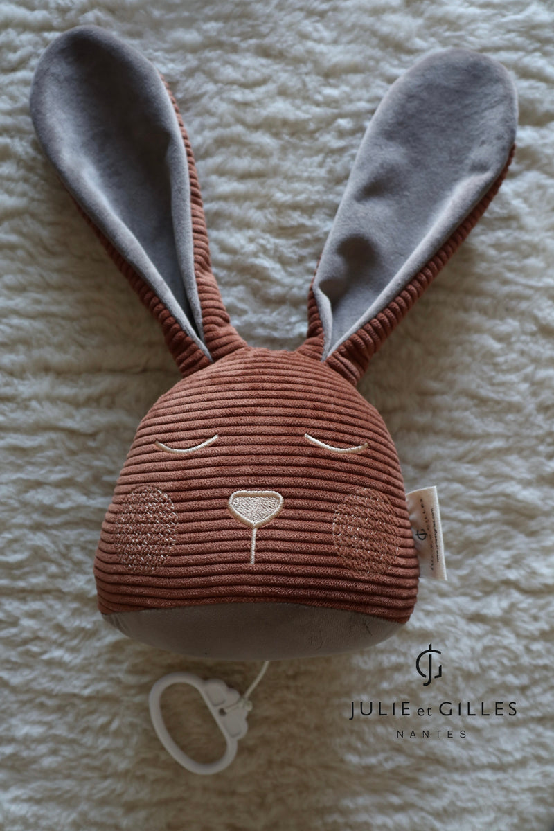 Doudou musical Made in France aux berceuses originales et soporifiques.La collection Doux lapins de Julie et Gilles a été conçue pour endormir bébé en douceur . Ce doudou musical aux longues oreilles pourra aisément s'attacher sur un lit à barreau ou bien même sur un porte manteau . Lignes épurées et style non genré les doux lapins proposent des berceuses plus originales les unes que les que les autres .Velours côtelé  caramel.