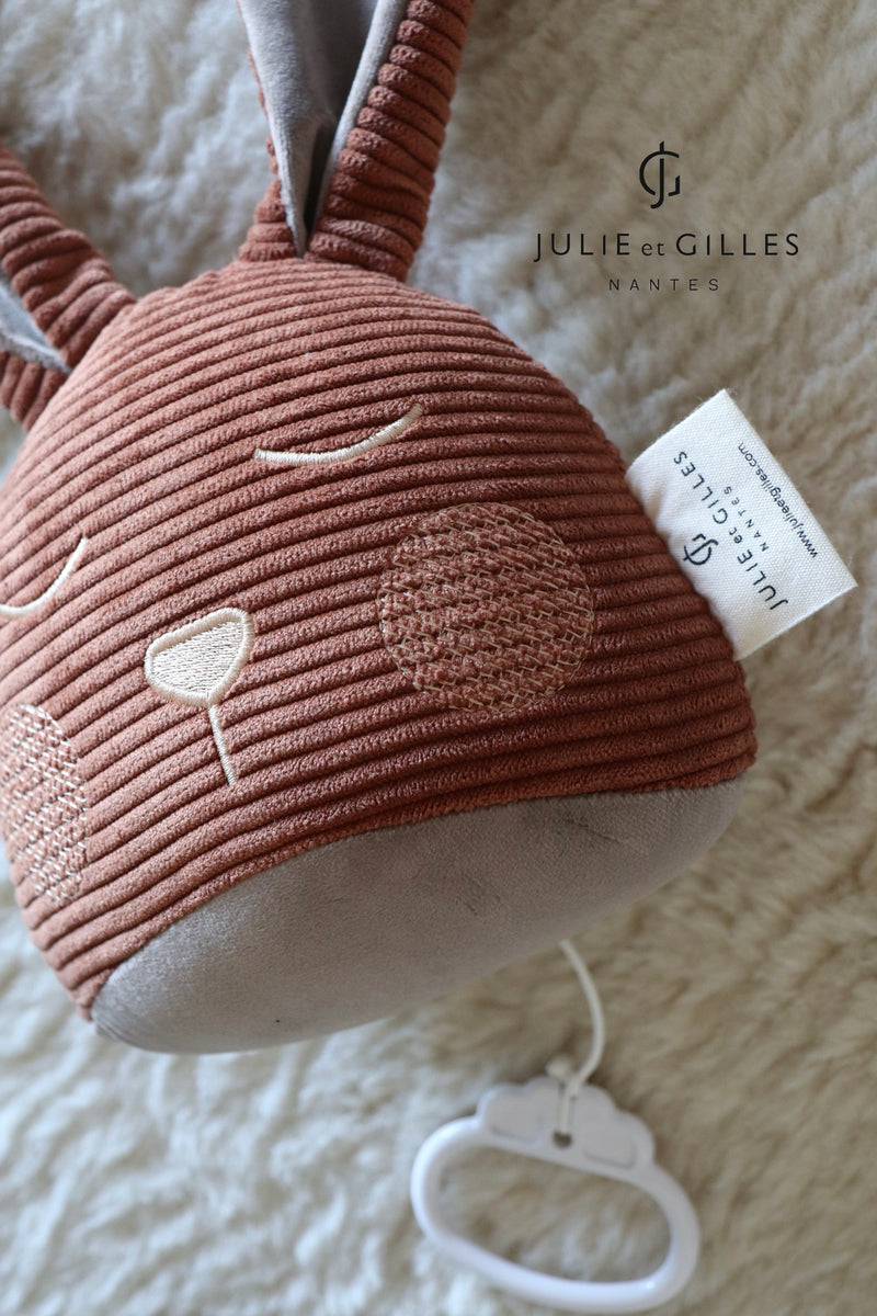 Doudou musical Made in France aux berceuses originales et soporifiques.La collection Doux lapins de Julie et Gilles a été conçue pour endormir bébé en douceur . Ce doudou musical aux longues oreilles pourra aisément s'attacher sur un lit à barreau ou bien même sur un porte manteau . Lignes épurées et style non genré les doux lapins proposent des berceuses plus originales les unes que les que les autres .Velours côtelé  caramel.