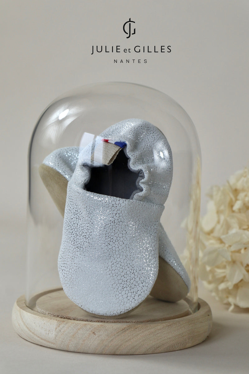 Chausson bébé en cuir souple unis - bleu gris